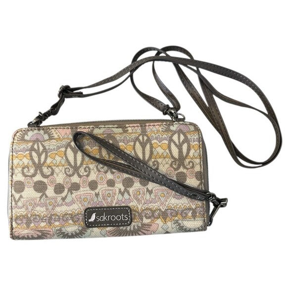 SAKROOTS Foldover Crossbody Wallet Purse Wristlet Pastel One World Coated Canvas - Picture 2 of 3